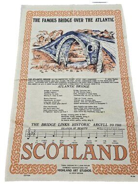 Vtg Tea Towel Made in GB Atlantic Bridge Scotland Hymn Poem C John Taylor Cotton